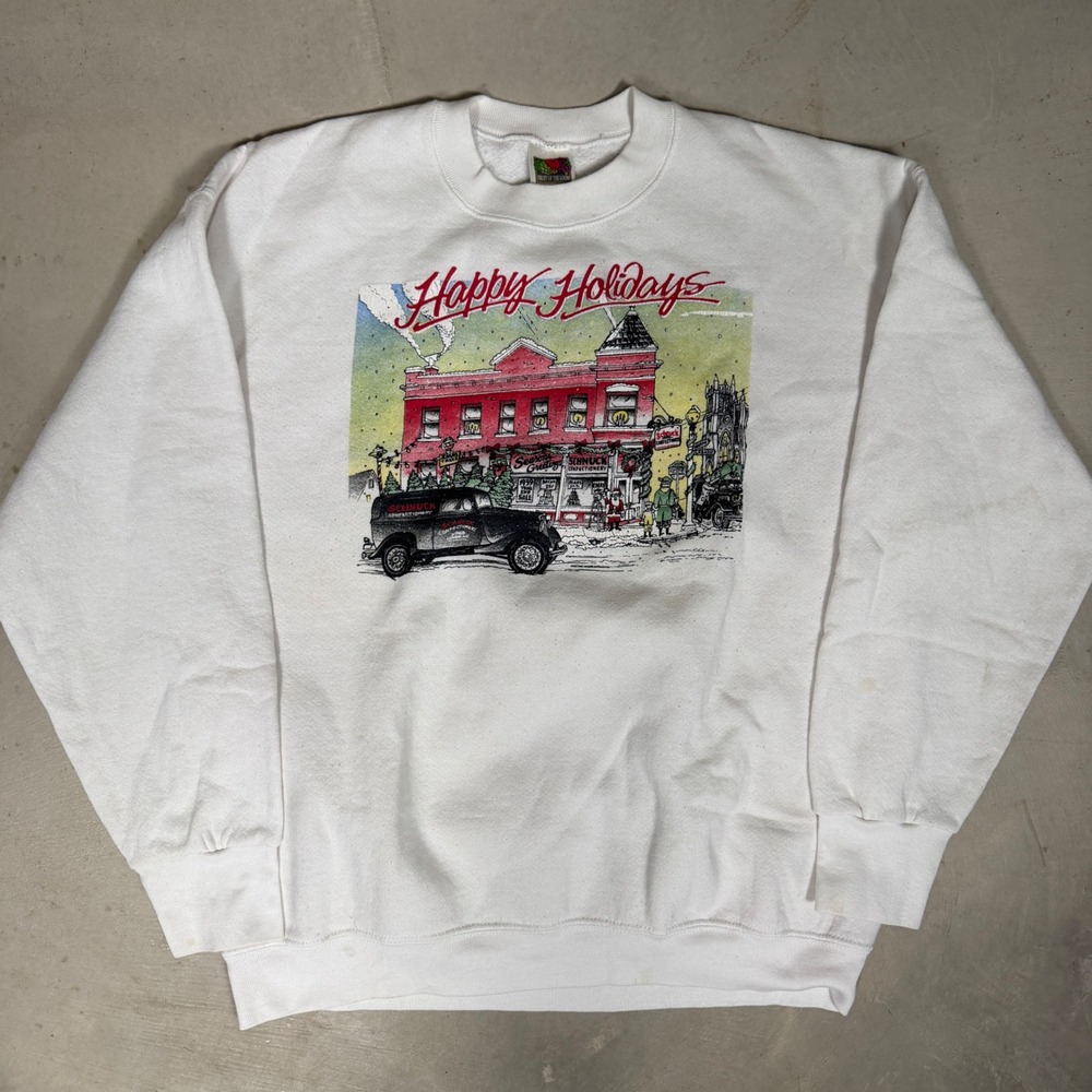 Vintage Happy Holidays Schnuck‎ Confectionery graphic Sweatshirt White L